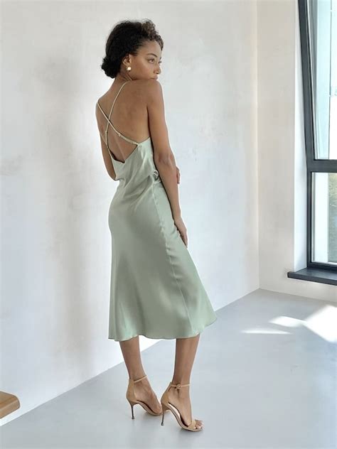 100 Silk Slip Dress Sage Green Dress Midi Bias Cut Cowl Neck Etsy Uk