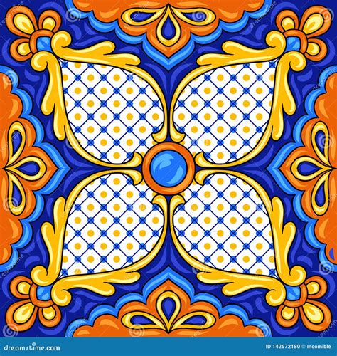 Mexican Talavera Ceramic Tile Pattern Ethnic Folk Ornament Stock