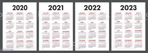 Calendar 2020 2021 2022 And 2023 English Color Vector Set
