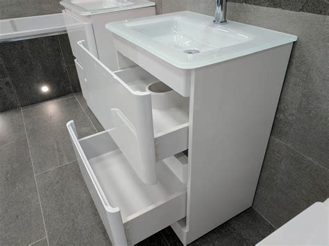 Newbold Gloss White Bathroom Standing Vanity Unit White Glass Basin