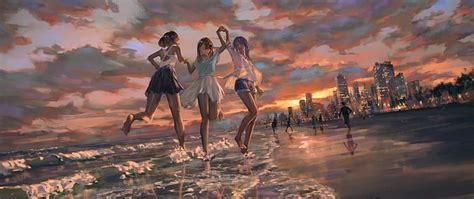 Anime Girls Original Characters Beach Sunset HD Wallpaper Wallpaperbetter