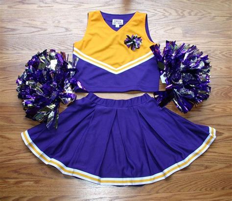 Cheerleader Outfit Costume Uniform Purple Gold Pom Poms 12 Deluxe Set