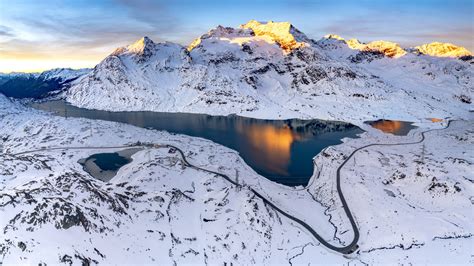 Winter Sunrise Over Lago Bianco And Mountains Bernina Pass Graubunden
