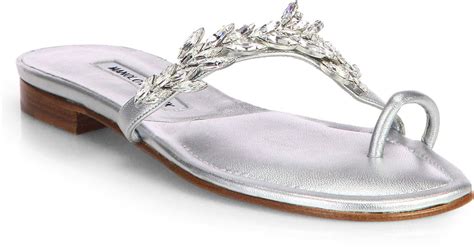 Manolo Blahnik Nadira Jeweled Metallic Leather Sandals Lyst