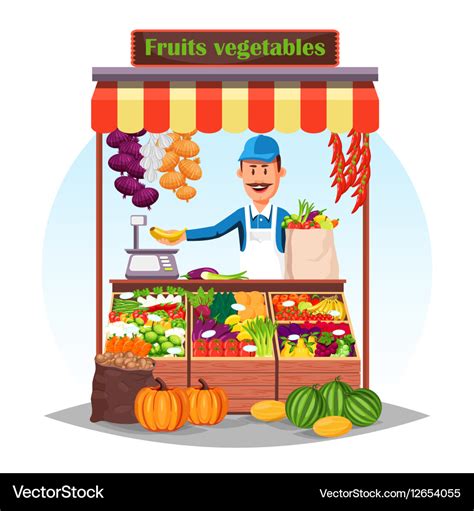 Market Counter Or Stand With Fruits And Vegetables