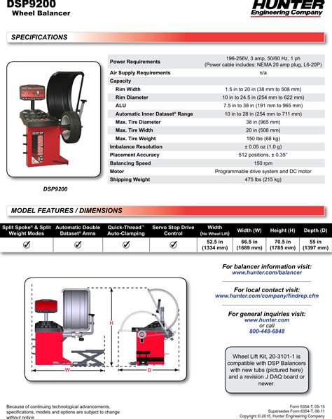 Hunter Engineering Dsp Specification Sheet Wheel Balancer Spec