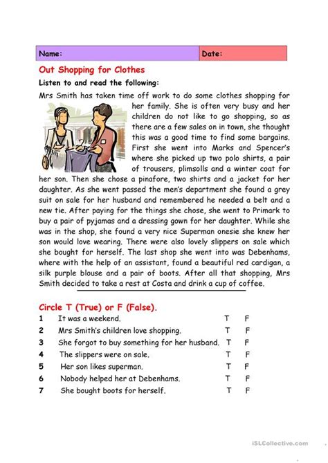 You can't read every single line of the reading passages and then answer the questions as time will. Out Shopping for Clothes - English ESL Worksheets for ...