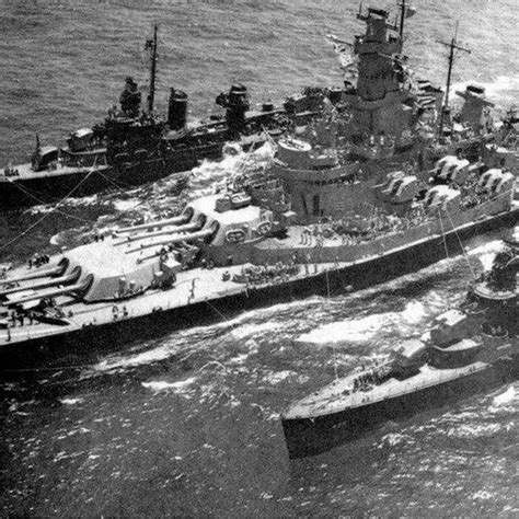 Battleship Uss Massachusetts Bb 59 Flanked By Two Unk Destroyers