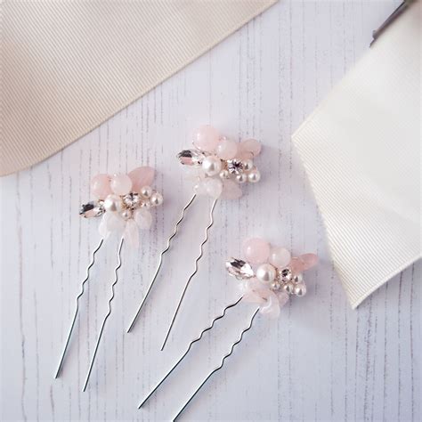 Rose Quartz Hair Pins Pink Hair Pins Rose Quartz Wedding Etsy Rose