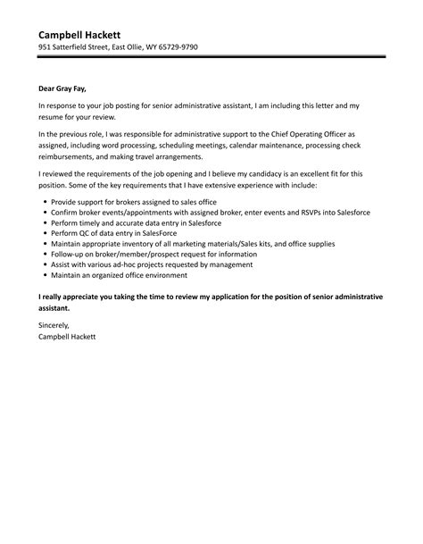 Senior Administrative Assistant Cover Letter Velvet Jobs