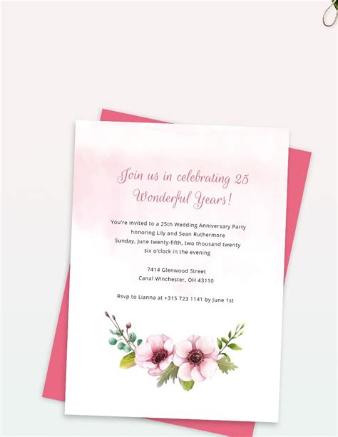 25th Wedding Anniversary Invitation Template In Pages Publisher Word