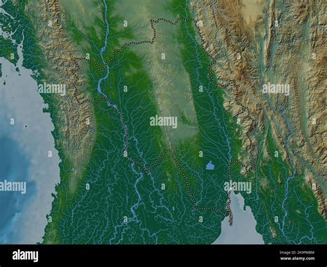 Bago Division Of Myanmar Colored Elevation Map With Lakes And Rivers