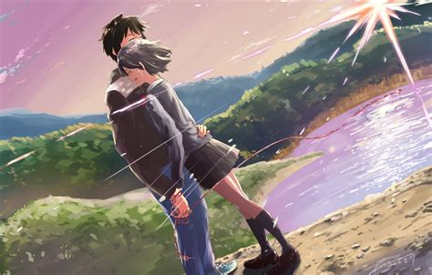 Wallpaper Landscape Romance Anime Hugs Two Kimi No Va