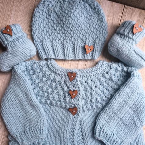 Hand Knitted Baby Sweater 3 Piece Set Knitted Baby Etsy