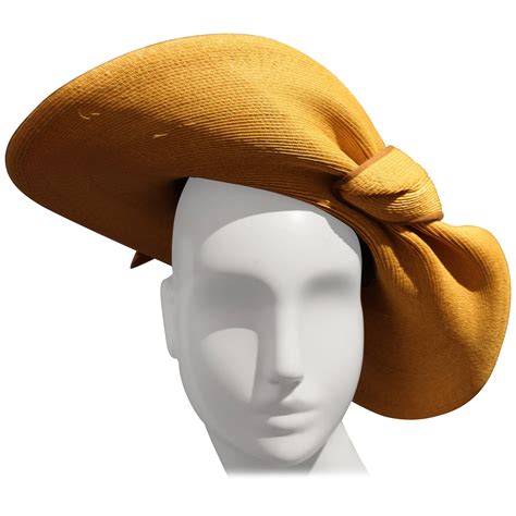 1940s Gene Doris Sculpted Brim Straw Hat W Brown Ribbon Band For Sale