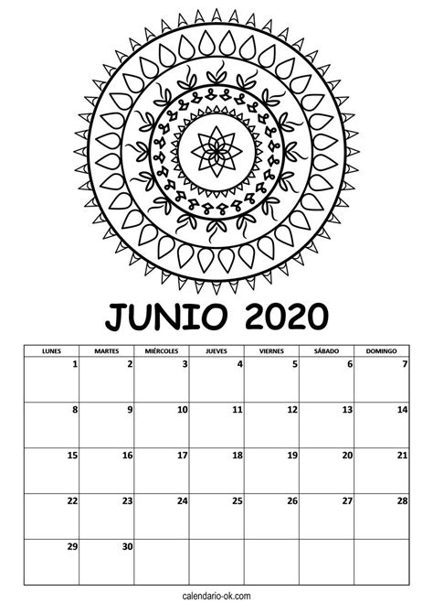 Calendario Junio 2020 MÁndala Para Colorear Calendario Junio Calendario En Blanco Calendario