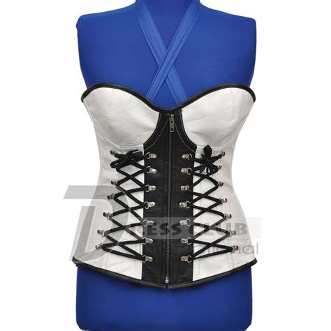 Overbust Steel Boned Bustier Gothic Zip Black White Real Leather Corset