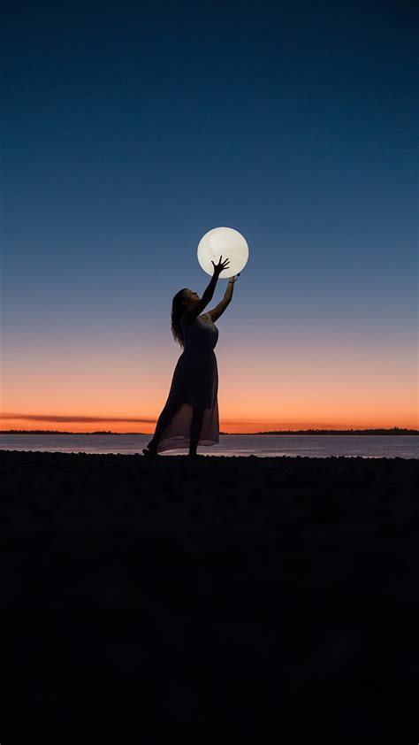 Girl Holding The Moon Nature Sky Hd Phone Wallpaper Peakpx