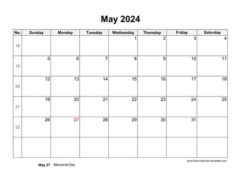 Free 2024 Calendar Blank May Template Horizontal Free Calendar