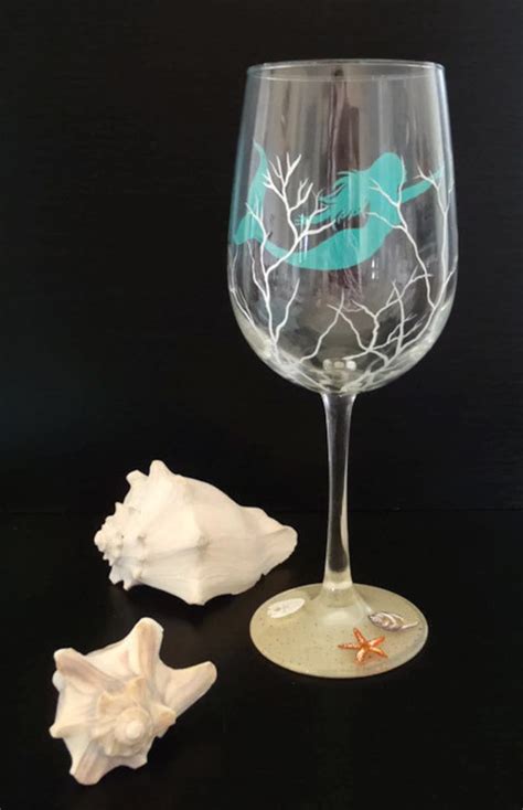 Mermaid Wine Glass Hand Painted Nautical Glassware Beach Decor Etsy