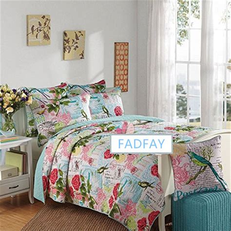 Fadfay Cotton Romantic Floral Birds Butterfly Bed Bedding Set Girls Quilt Set 3pcs Queen Size