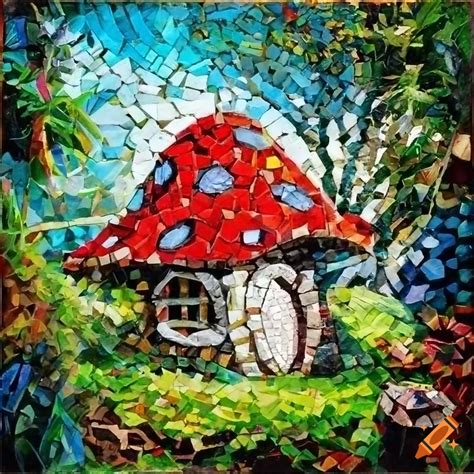 Colorful Mosaic Of A Mushroom Hobbit Fairy House