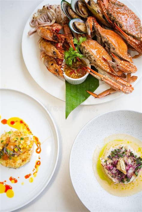 Set Of Thai Seafood Popular Menu Setting On White Table Stock Image