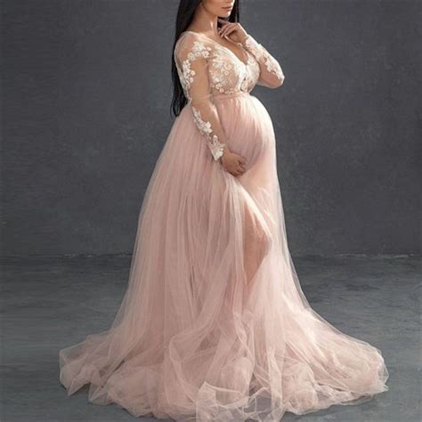 Maternity Elegant V Neck Stitching Mesh Photoshoot Gown Pink Dress