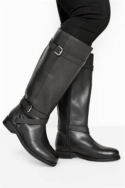 Black Leather Buckle Calf Knee High Riding Boots In Extra Wide Fit Long Tall Sally