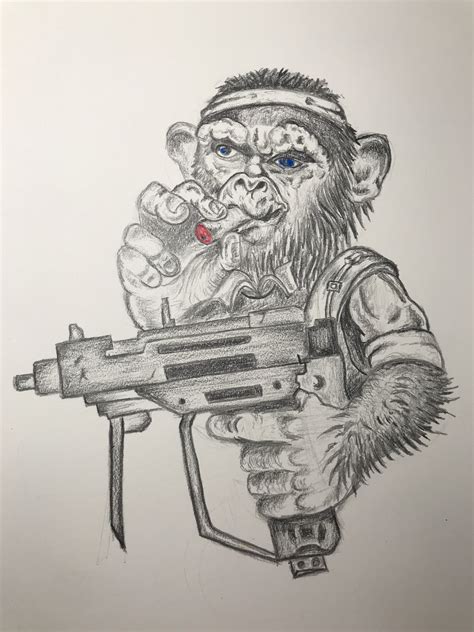 Monkey Smoking And Holding Uzi Pencil Drawing Pencil Drawings Art