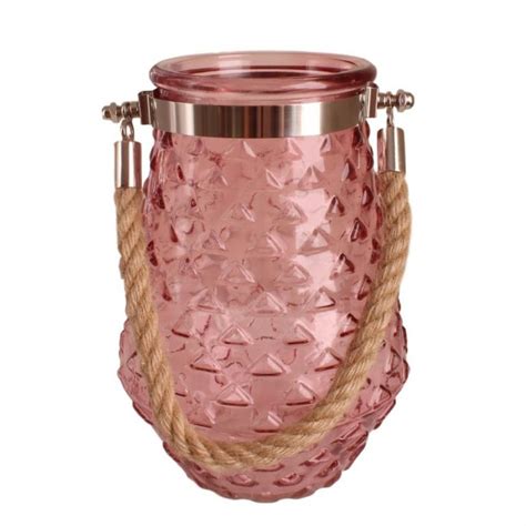 Pink Glass Hurricane Candle Lantern With Rope Handle 21cm Dalisay