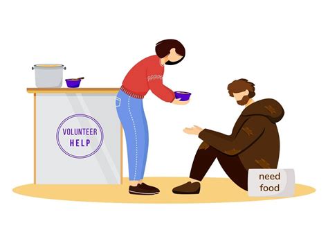 Feeding Poor Flat Vector Illustration Selfless Volunteer And Homeless
