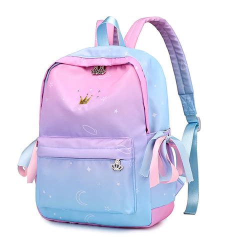Pink Gradient Color Printing Backpack Women Ribbons Bookbag Cute Crown