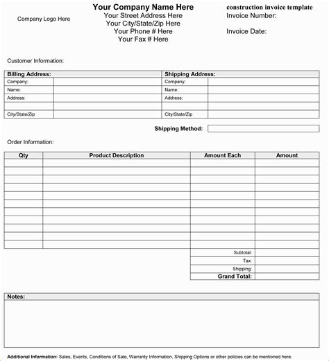 Free Printable Invoice Templates Excel Of Construction Invoice Template