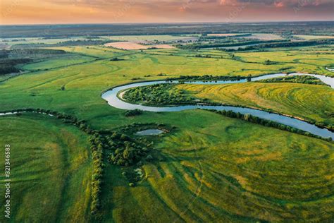 Belarus Aerial View Of Green Forest Meadow And River Landscape In
