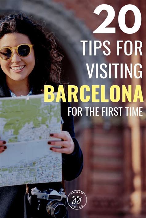 A Woman Looking At A Map With The Title 20 Tips For Visiting Barcelona