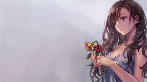 Simple Background Anime Girls Flowers Purple Eyes Brunette Original Characters Long Hair