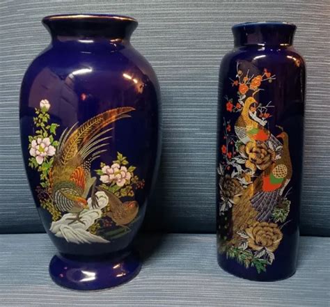 VINTAGE COBALT BLUE Gold Japanese Vase Set Of Two Porcelain Vase With