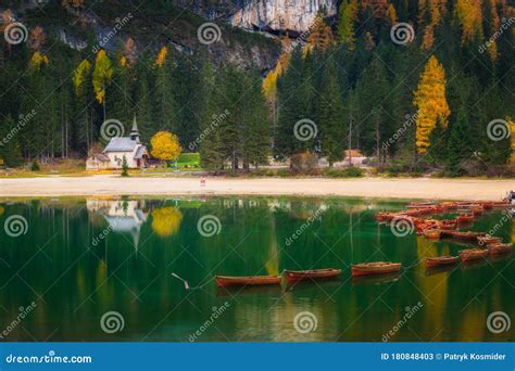 Lago Di Braies Lake In Dolomites At Sunrise Italy Stock Image Image
