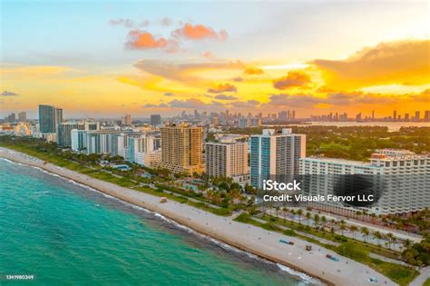 Gorgeous Aerial View Of Sunset In Miami Beach Florida From A Drone