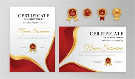 Certificado De Oro Rojo Ondulado De Lujo Con Plantilla De Insignia Y