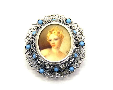 Hand Painted Portrait Brooch 800 Silver Ornate Pin Italian Etsy