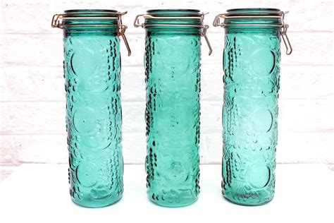 Reserved Ramu 2 Vintage Turquoise Green Glass Storage Jar Etsy Glass Storage Glass Storage