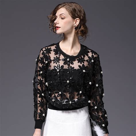 Women Mesh Lace Blouse Hollow Out Tops With Beadings Casual Sexy Girl