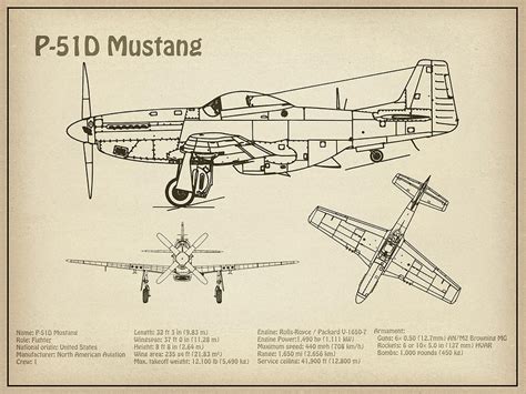 P 51D Mustang Airplane Blueprint Drawing Plans Outline For North