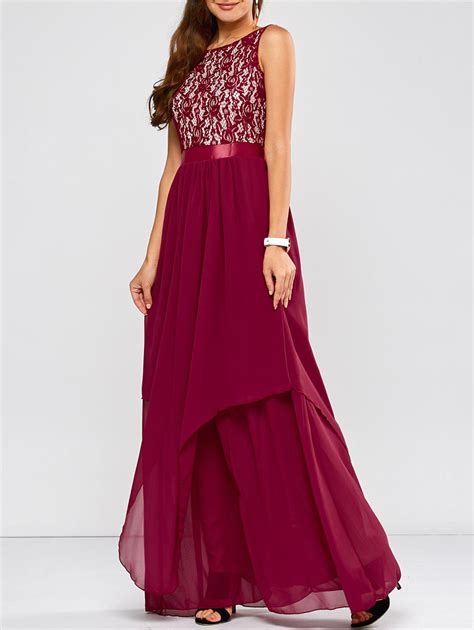 2018 Lace Panel Chiffon Maxi Evening Engagement Prom Dress In Wine Red ...
