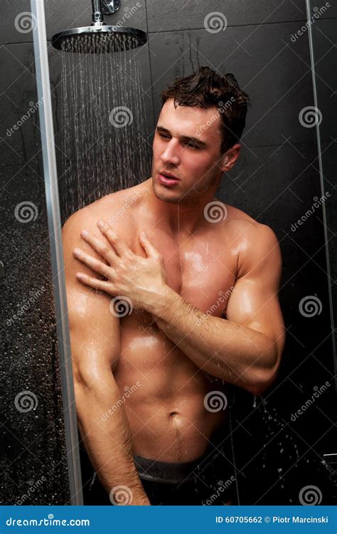 Handsome Man Taking The Shower Stock Photo Image Of Chest Indoors