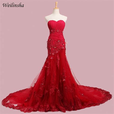 Weilinsha Red Wedding Dress Sexy Sweetheart Sleeveless Tull Mermaid Bridal Gowns Lace Up Back