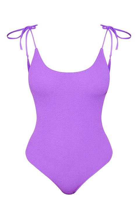 Purple Crinkle Tie Shoulder Swimsuit Prettylittlething