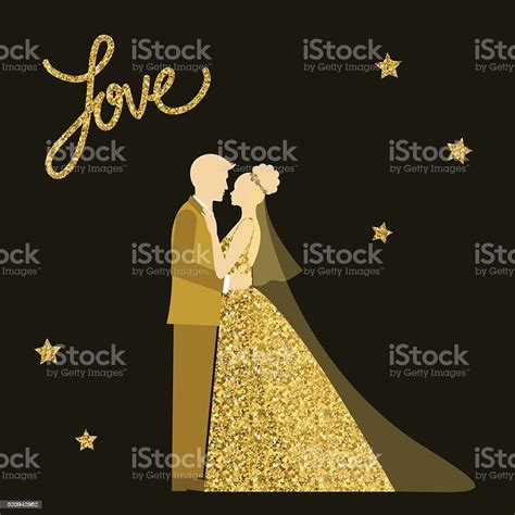Vetores De Pacote De Casamento No Tema Noiva E Noivo Textura De Purpurina Dourado Cintilante E